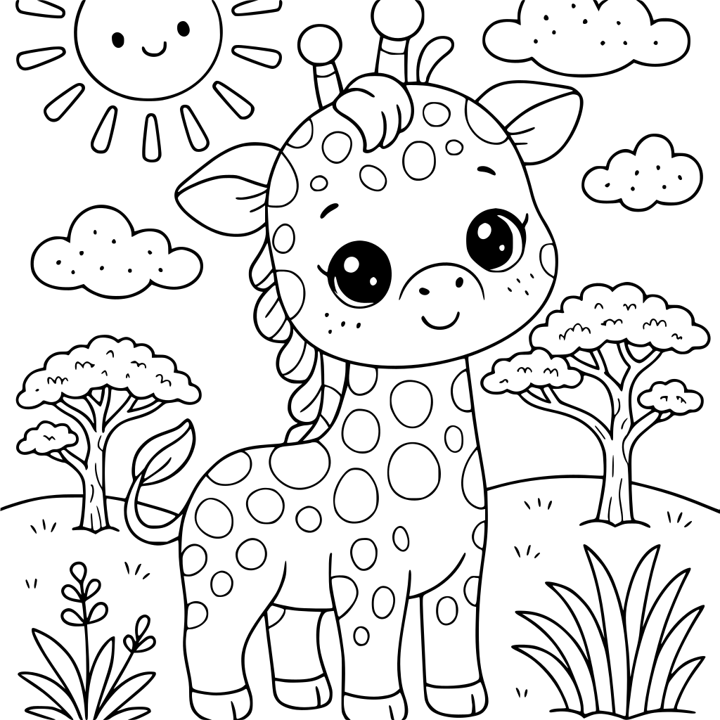 Cute kawaii [ANIMAL NAME] coloring book page for children, in [HABITAT/SETTING],