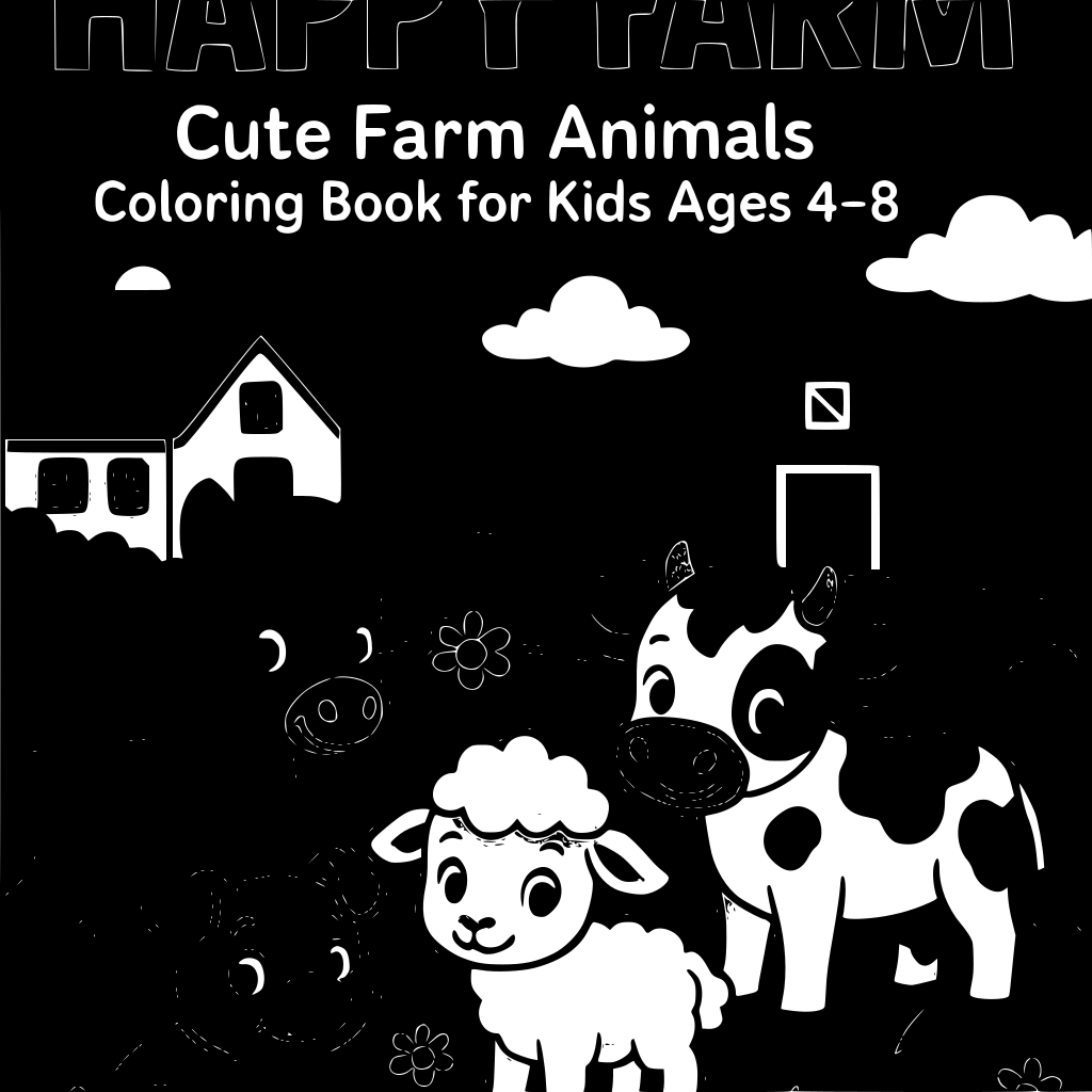 Create a professional 50-page children’s coloring book titled “HAPPY FARM” for c