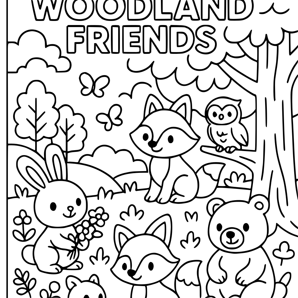 Create a children's coloring book titled "Cute Woodland Friends" for children ag