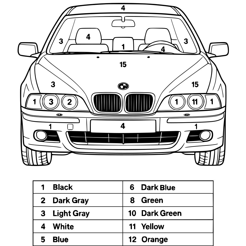 BMW E39 coloring book. 10 pages. Realistic BMW E39 sedan in different views: fro