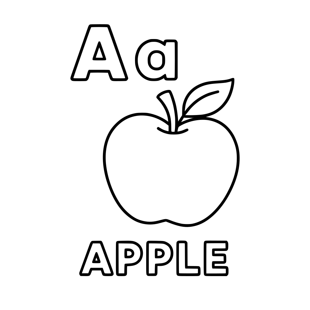 "Bold black outline coloring book page, uppercase letter A and lowercase letter 
