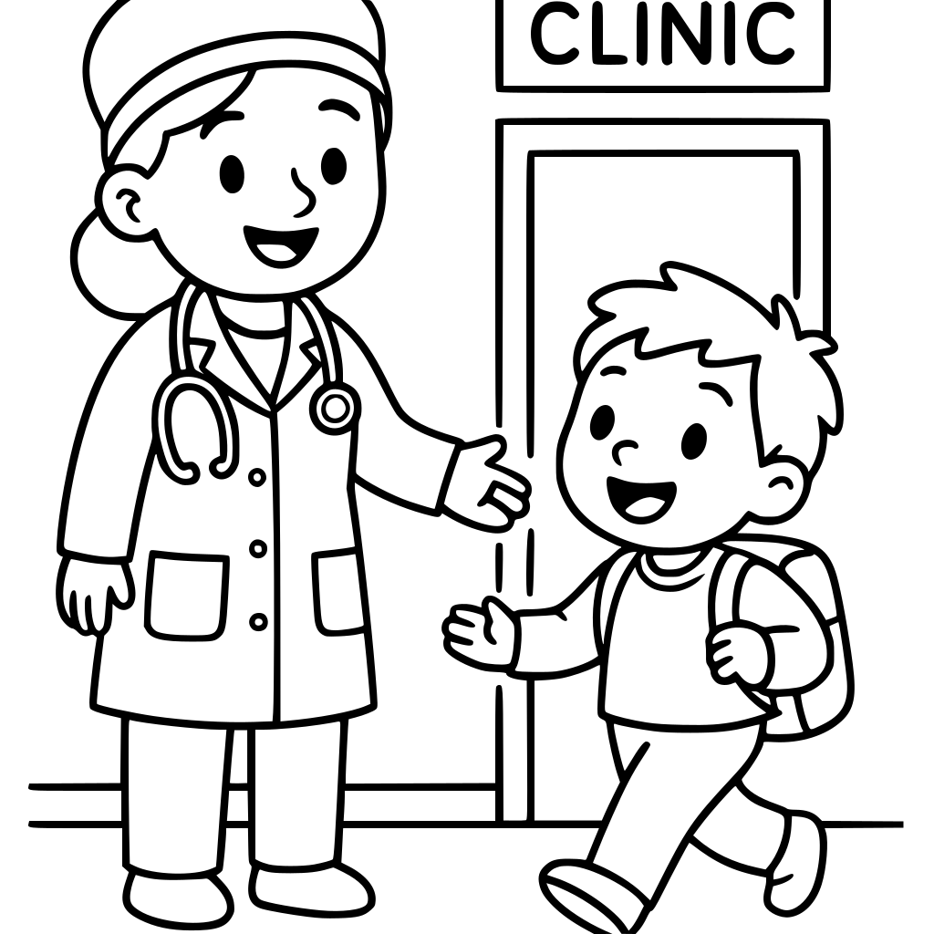 Cute doctor welcoming a child into the clinic. On a white background. The illust