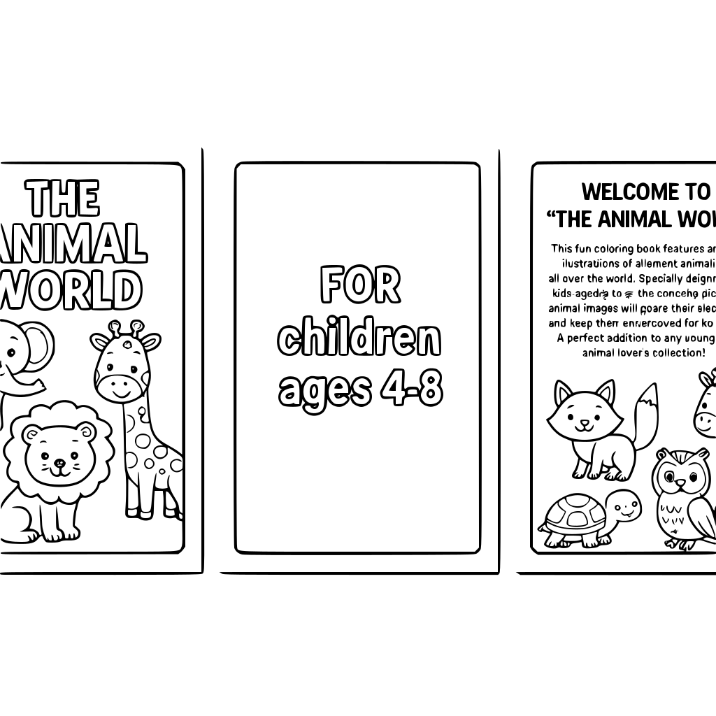 create a colouring book of 45 pages, called "THE ANIMAL WORLD" , with bold black