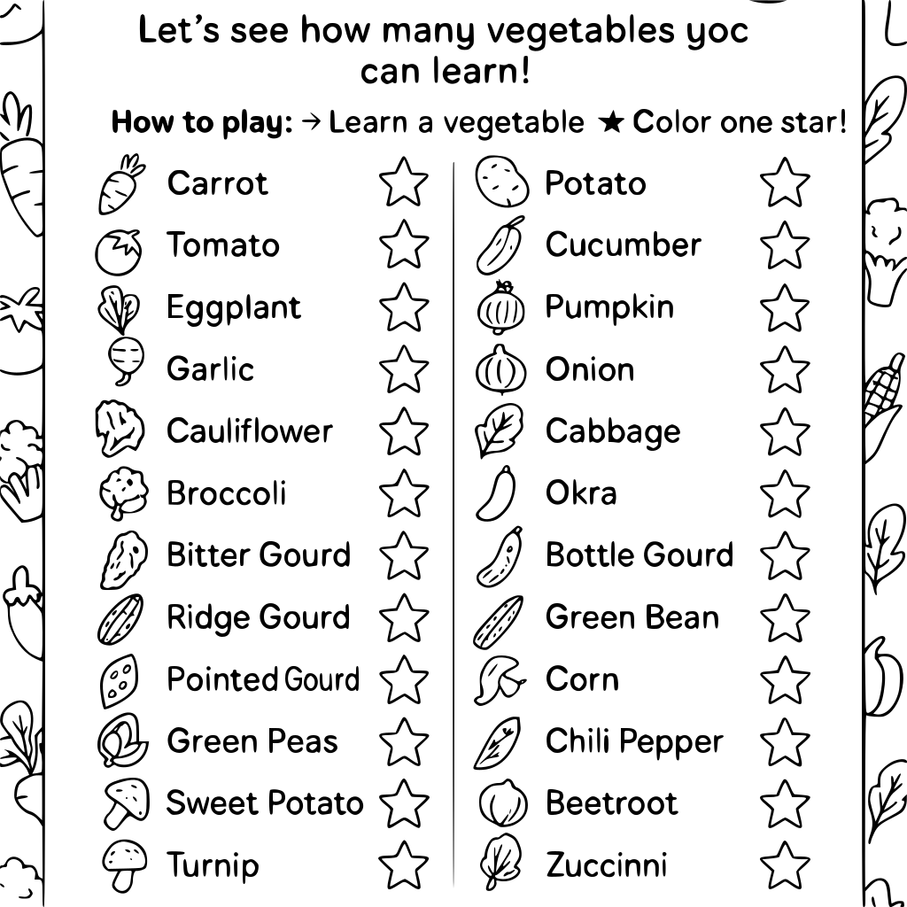 🥕 Page 5 — MY VEGETABLE LEARNING CHART ✨ Heading MY VEGETABLE LEARNING CHART 🌱
