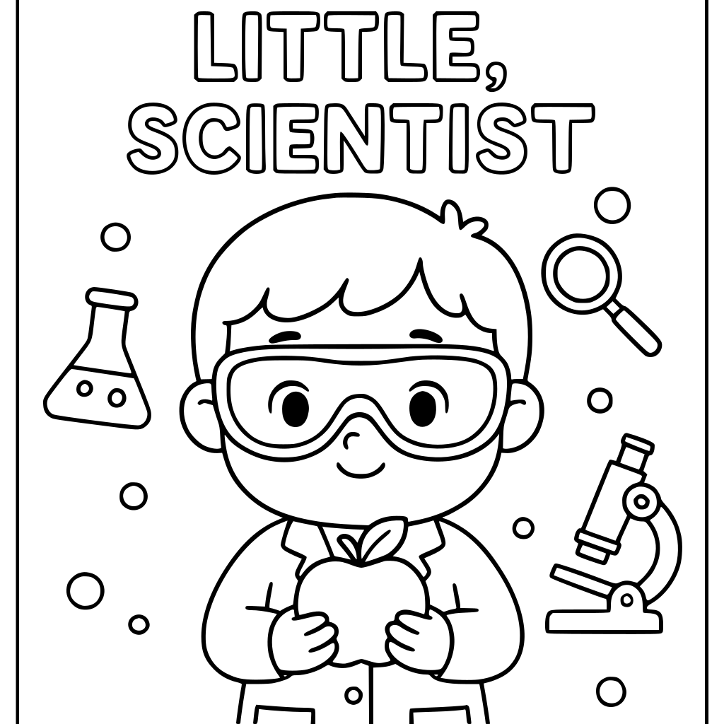PAGE 1 — WELCOME, LITTLE SCIENTIST A cute young child scientist wearing a simple