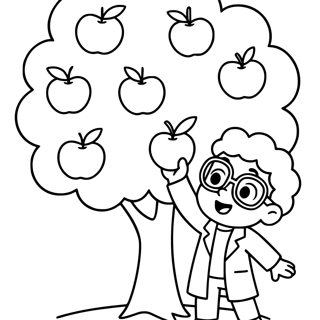 The same cute young child scientist reaching up to pick an apple from a large ap