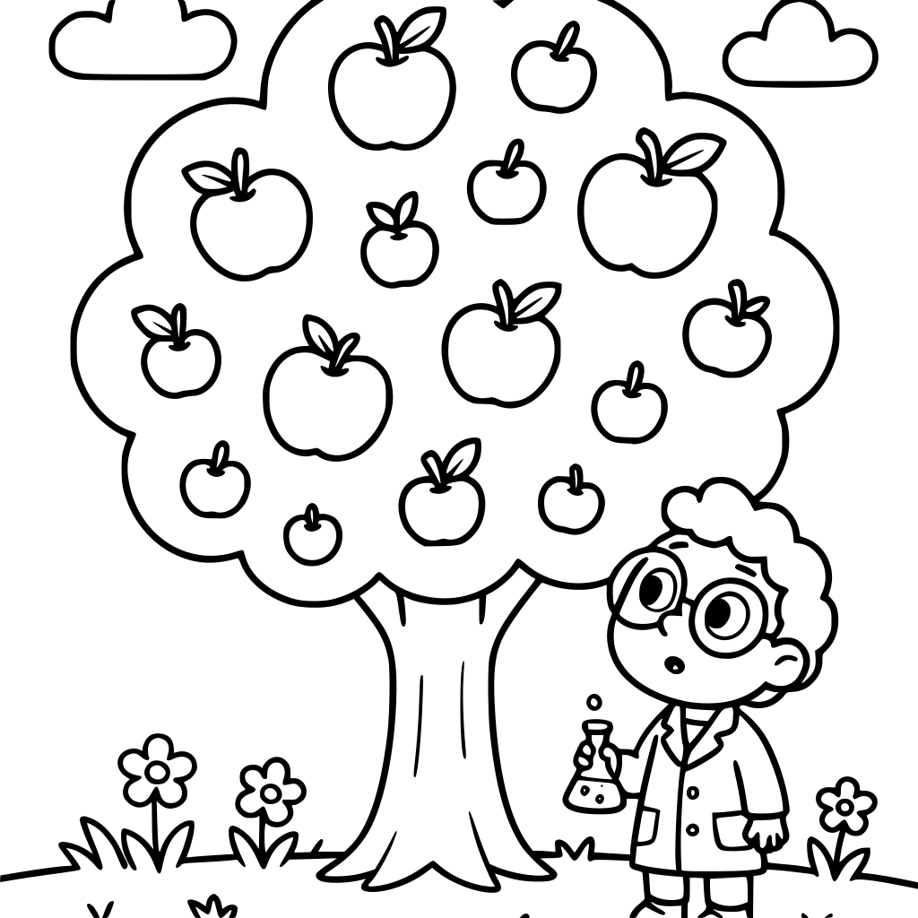 A large, cute apple tree filled with apples. Include a mix of mature and smaller