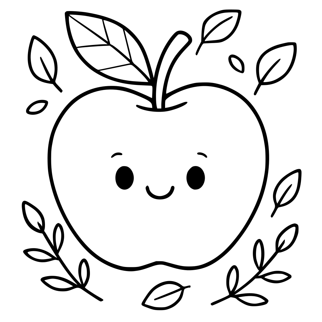 A large, cute apple centered on the page with a simple leaf and stem. Include a 