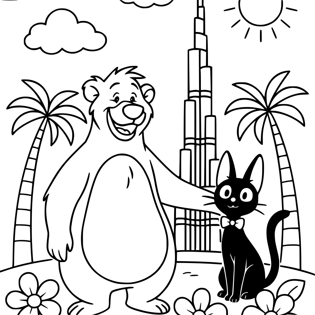 Scene 1: Baloo and Jiji standing happily in front of the Burj Khalifa in Dubai. 