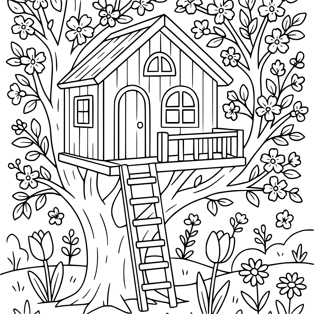 A cozy treehouse in a spring garden, printable coloring page, clean black outlin