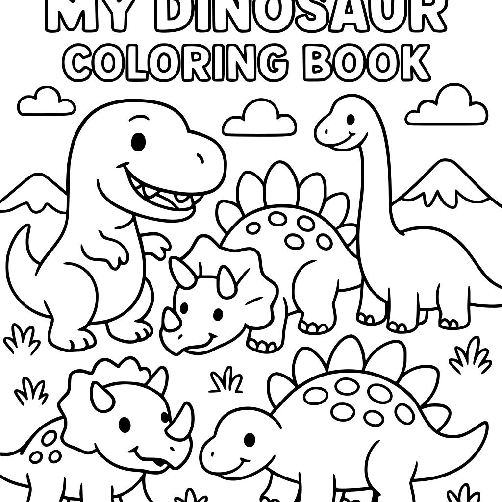 create a 15-page printable dinosaur coloring book for young children. Simple, fr