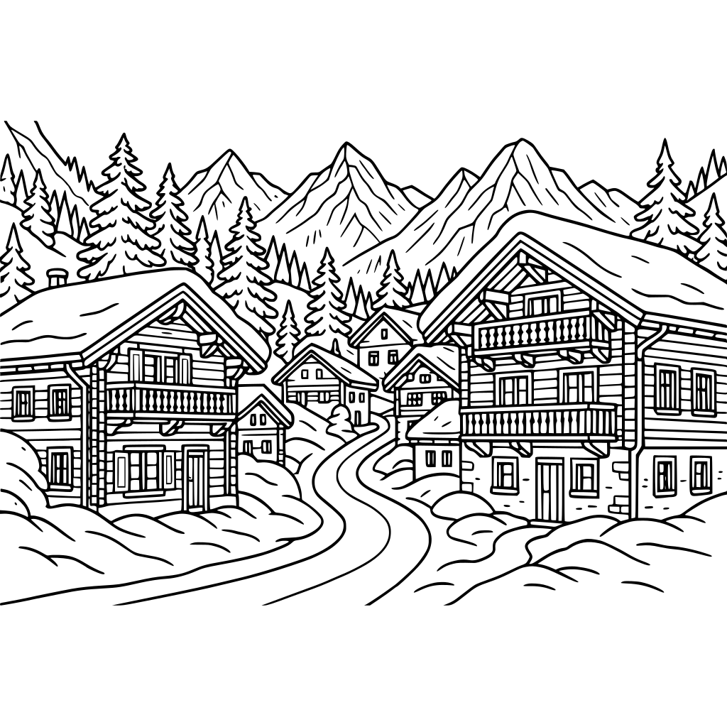An adult coloring page of a peaceful alpine village in winter, inspired by the S