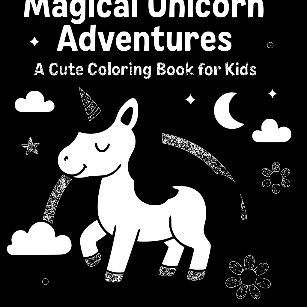 Create a complete children's coloring book with a magical unicorn theme for kids