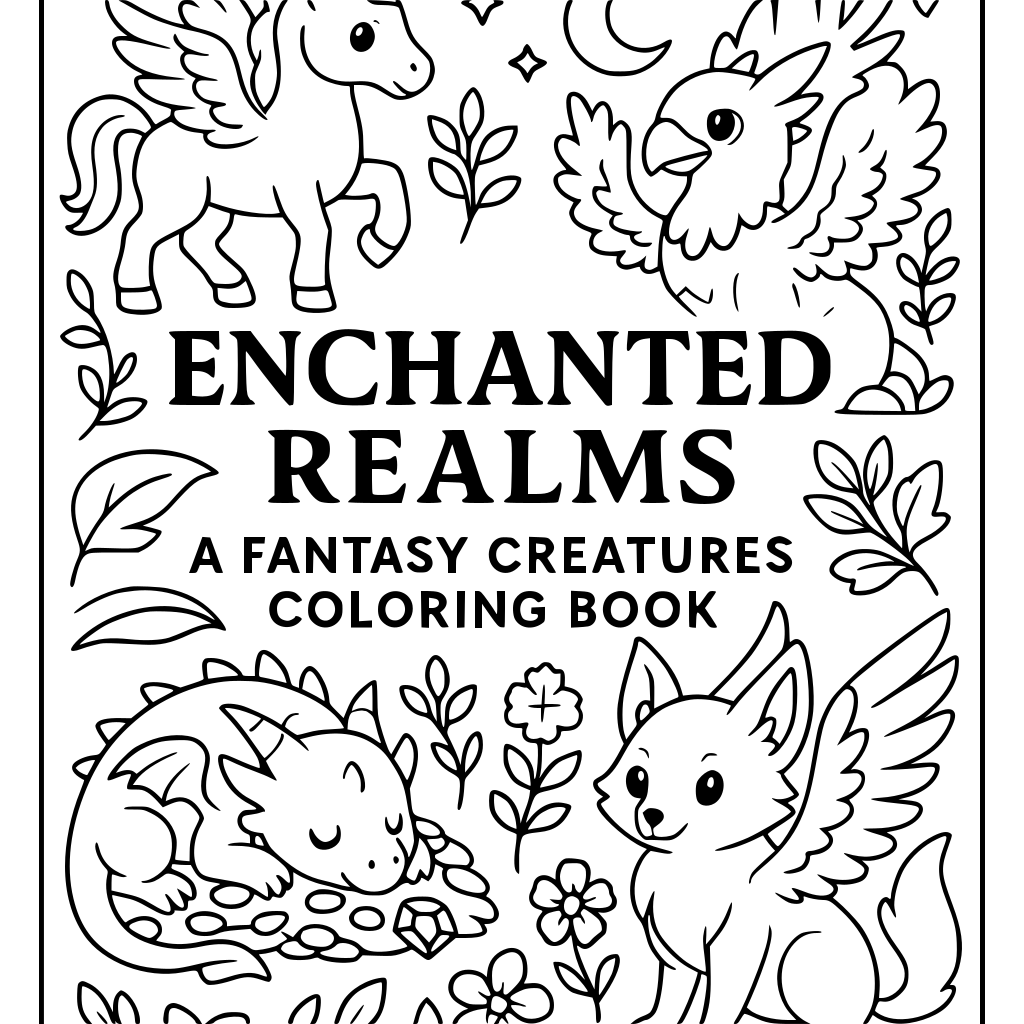 Create a high-quality coloring book titled “Enchanted Realms: A Fantasy Creature